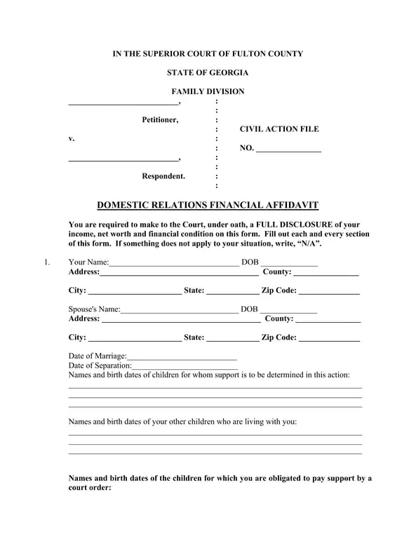 Georgia Domestic Relations Financial Affidavit for Superior Court Family Division